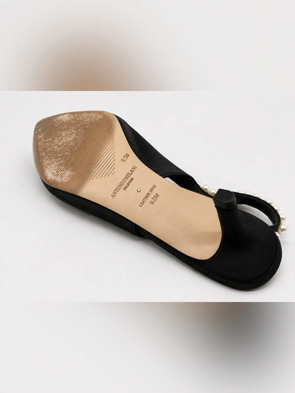 Antonio Melani Black Satin Slingback Heels Pearl Rhinestone Pointed Toe Pumps